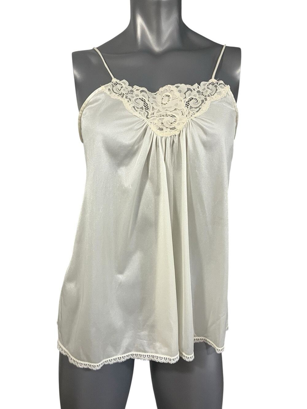 Vtg Camisole Slip Top Satin White Floral Lace Medium Cami Cottage Festival